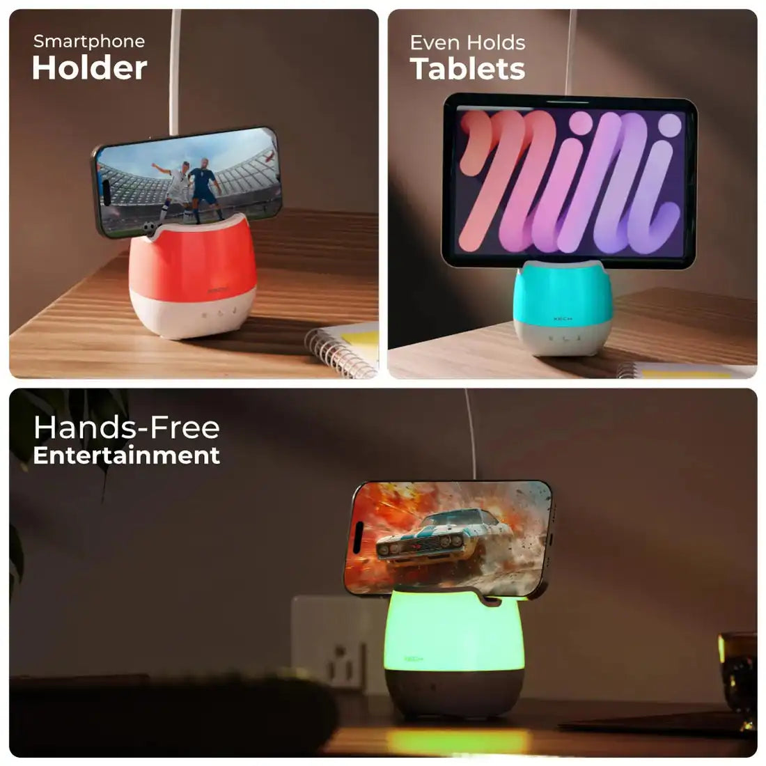 Collage of a smartphone holder and tablet stand with colorful lighting effects.