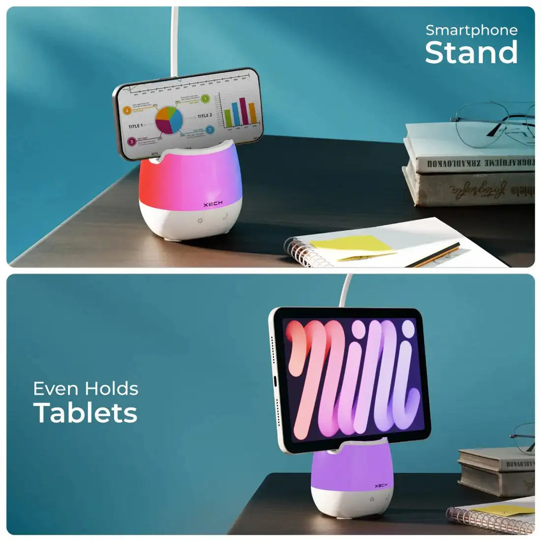 Smartphone stand with colorful base holding a smartphone and tablet on a desk.
