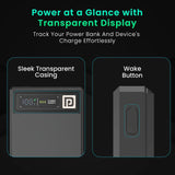 Power bank with transparent casing and wake button on a black background