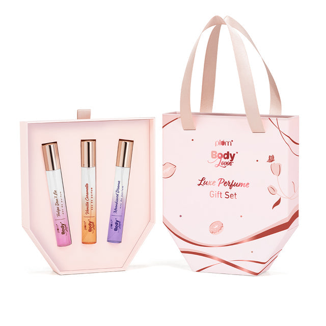 Tonka Bella Luxe perfume gift set with three mini Eaux de Parfum in a pink floral box, ideal for travel and gifting.