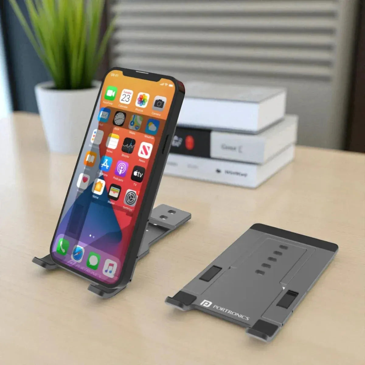 Phone with a stand on a desk 