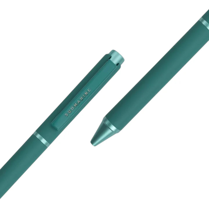 Two teal pens with silver accents on a white background