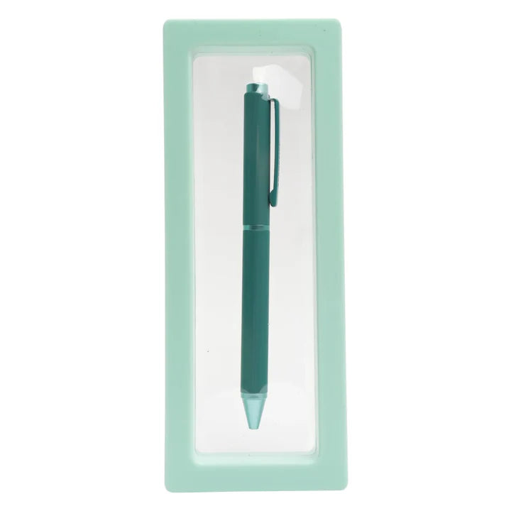 Teal pen in a light green box on a white background