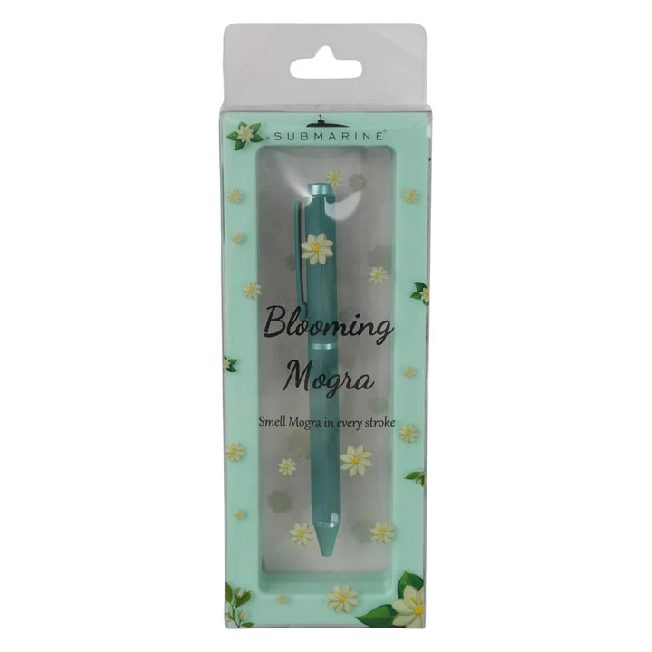 Packaged teal pen with 'Blooming Mogra' branding on a light green background