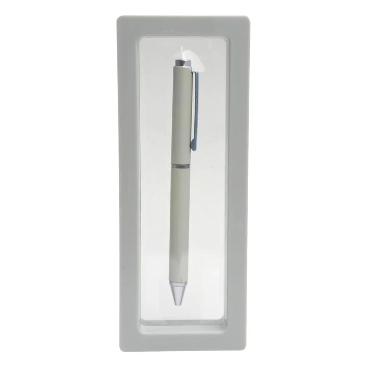 Silver pen in a clear display case on a white background