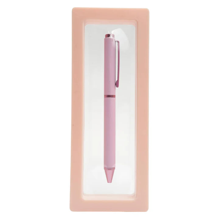 Pink pen in a matching pink case on a white background