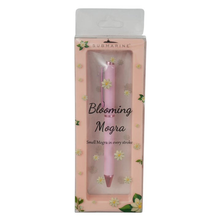 Pink pen in a decorative box with 'Blooming Mogra' branding on a white background
