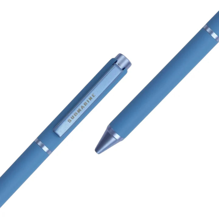 Two blue pens with silver accents on a white background