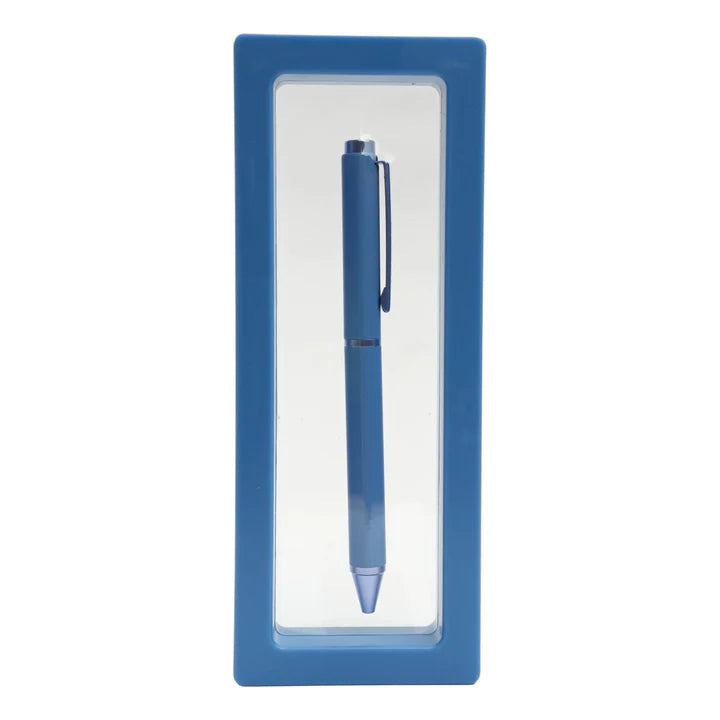 Blue pen in a matching blue box on a white background
