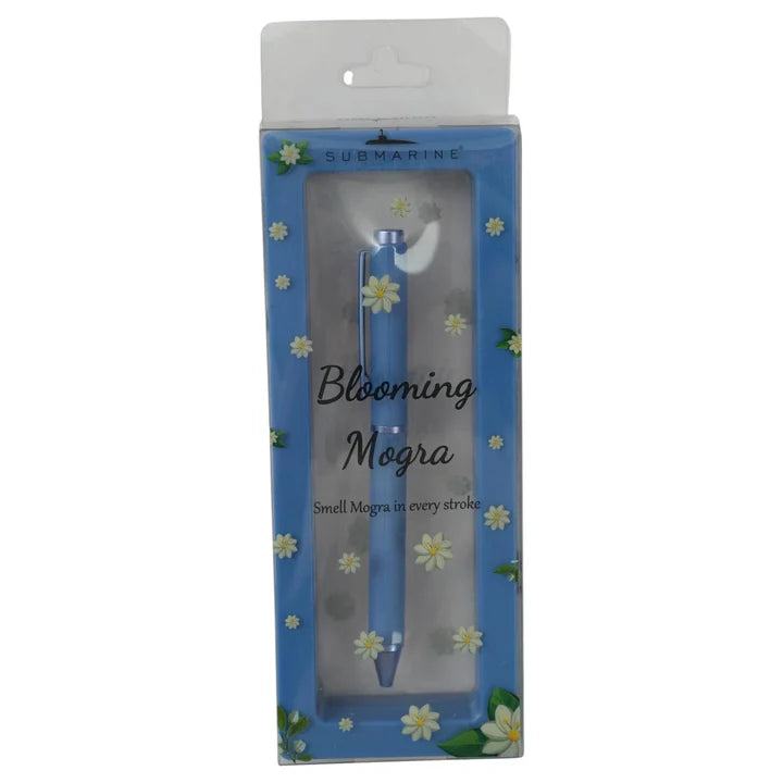 Blue pen in packaging with floral design and text on a white background