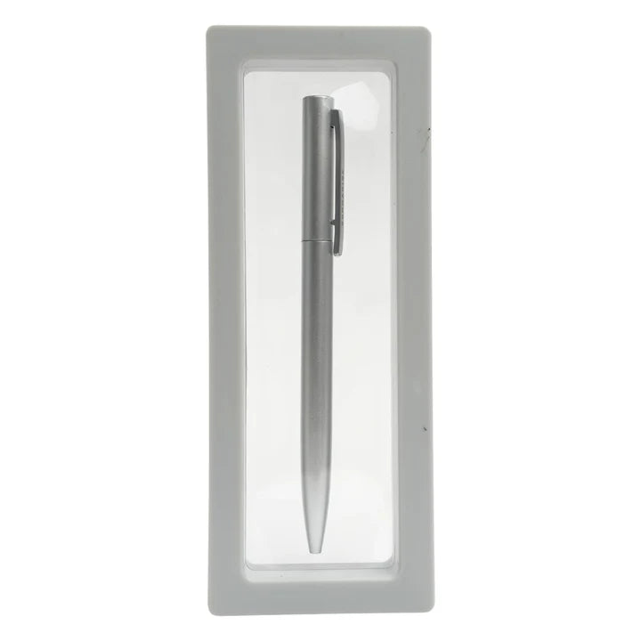 Silver pen in a clear display case on a white background