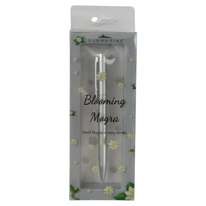 Silver pen in packaging with 'Blooming Mogra' branding on a white background