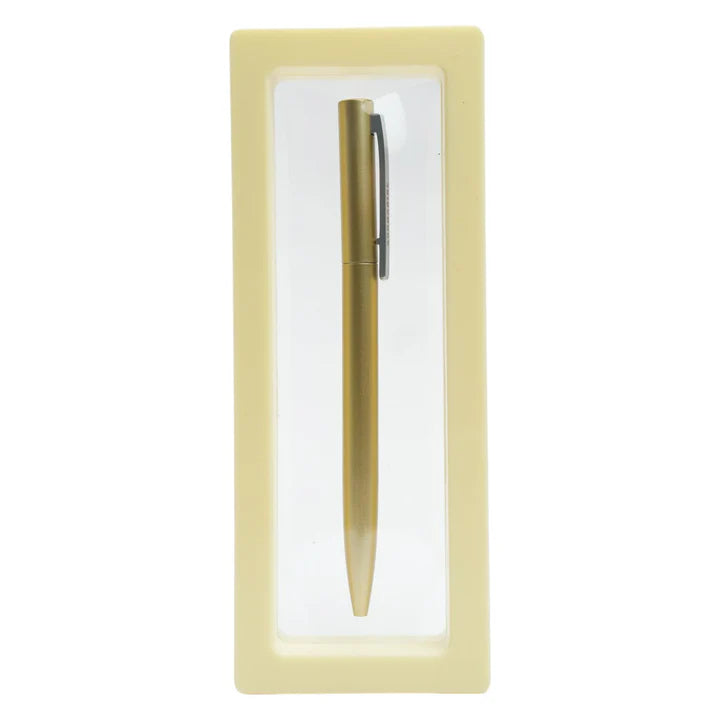 Gold pen in a beige box on a white background