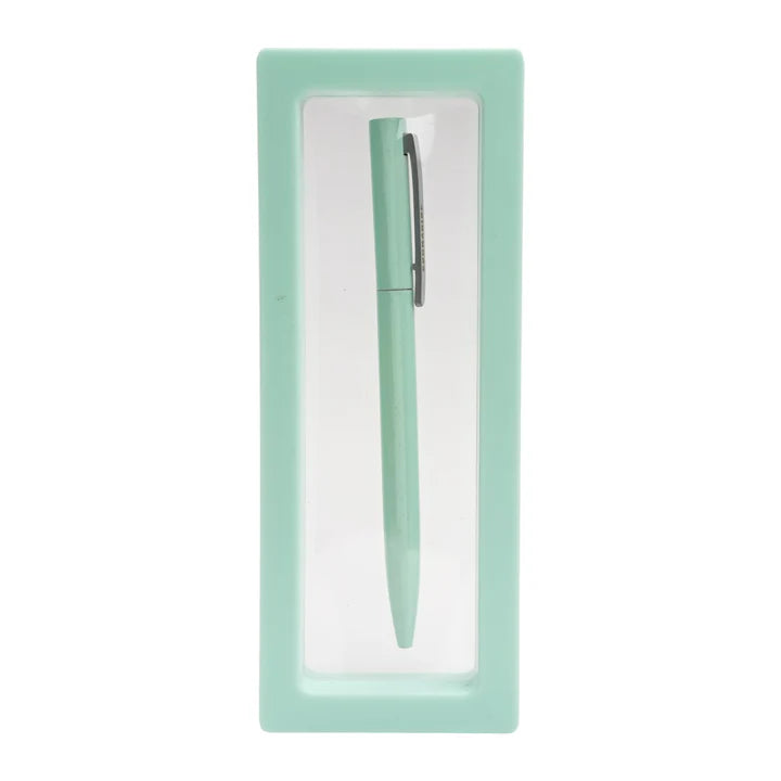 Mint green pen in a transparent box on a white background