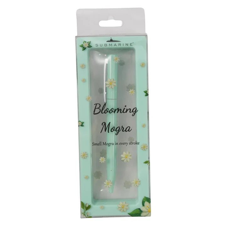 Packaged pen with 'Blooming Mogra' branding on a white background