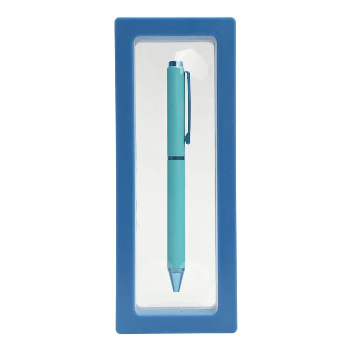 Turquoise pen in a blue box on a white background