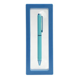 Turquoise pen in a blue box on a white background