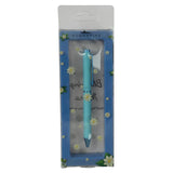 Light blue pen in a decorative packaging with floral designs on a white background