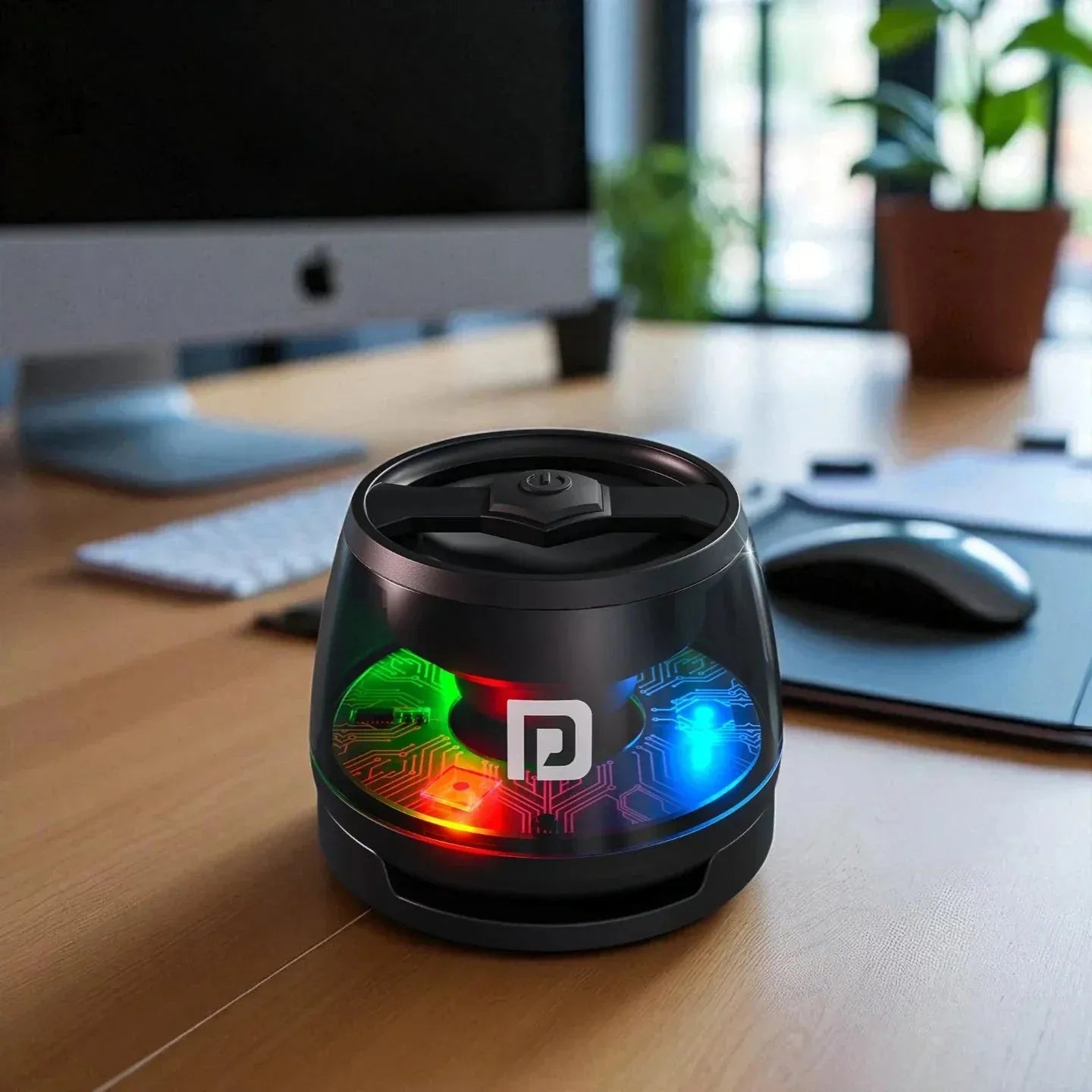 Black cylindrical device with colorful LED lights on a desk