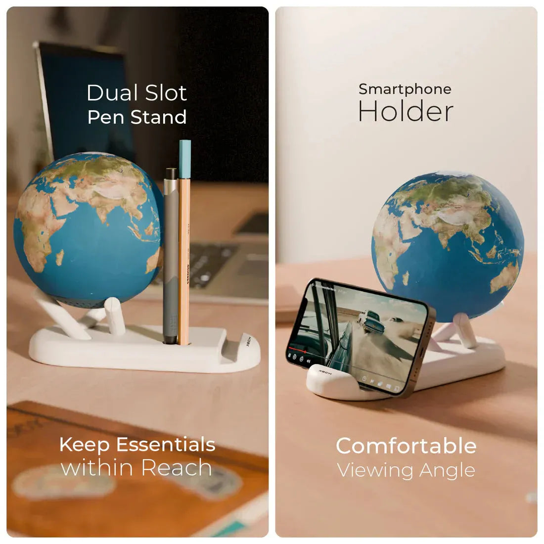 Globe with pen stand and smartphone holder on a desk