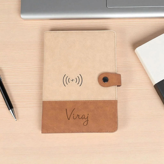 Personalized wireless charging notebook with leather strap