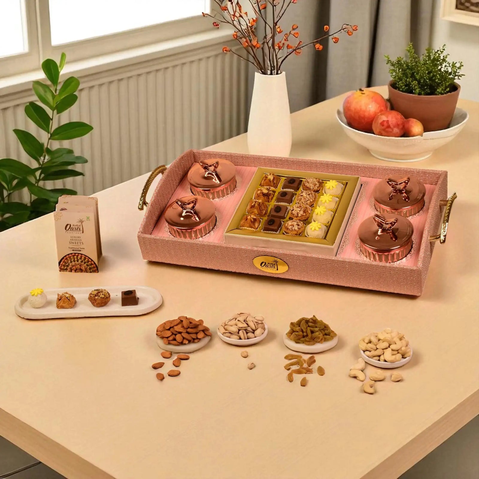 The Signature Gourmet Chest | Gift Hampers Online featuring assorted baklawa, premium dry fruits like almonds, pistachios, cashews, and raisins in a luxury tray.