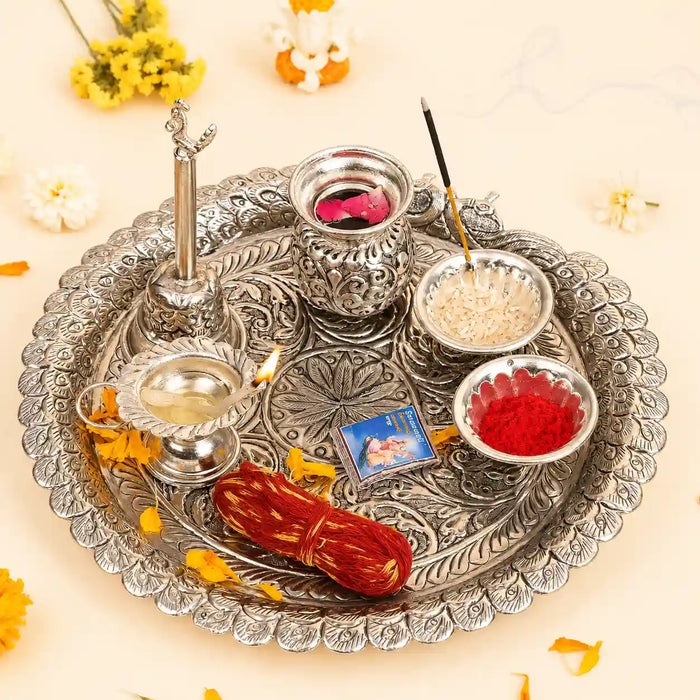 OXIDIZED SILVER 
PLATED PURE BRASS 
POOJA THALI SET