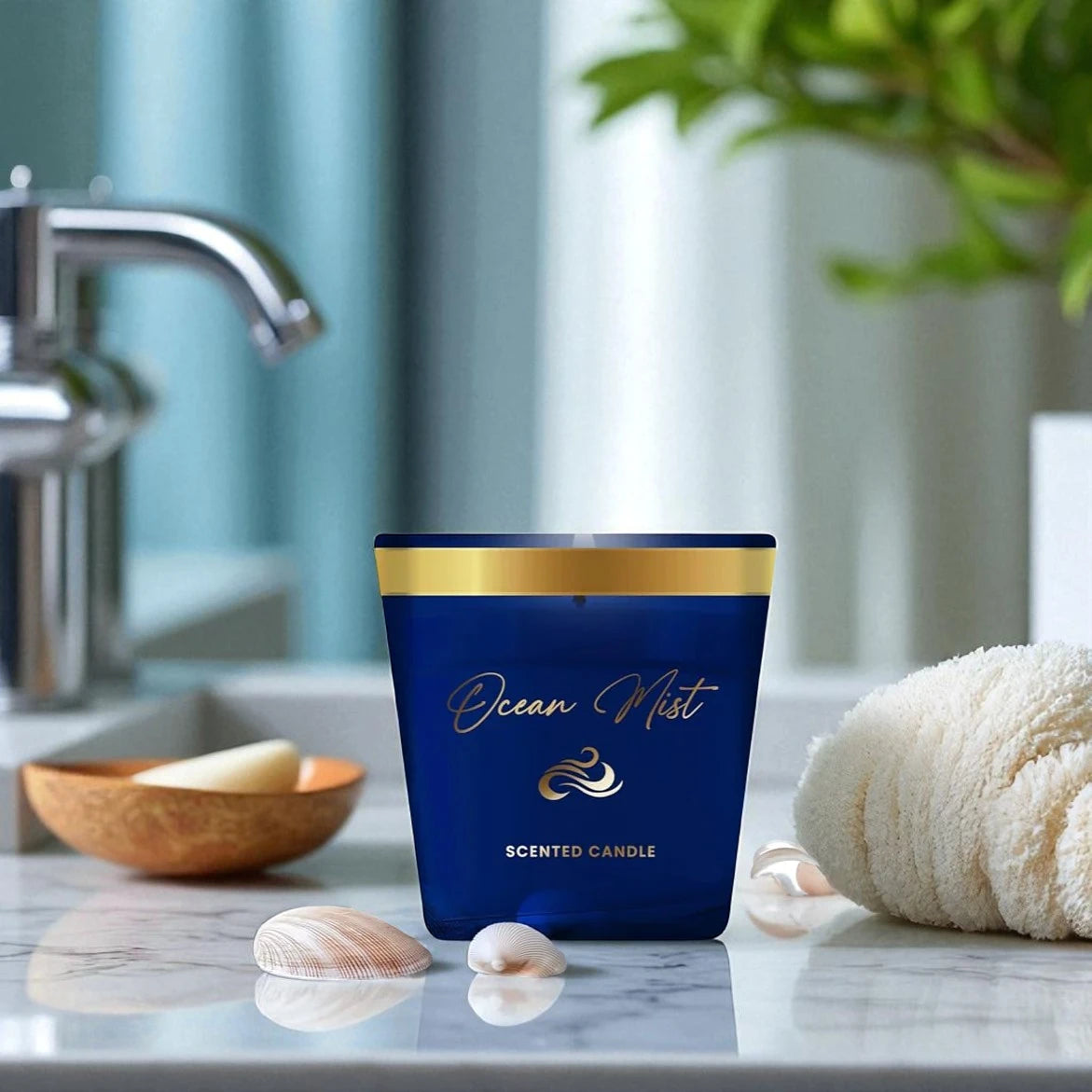 Blue scented candle labeled 'Ocean Mist' on a marble surface with a bathroom background.