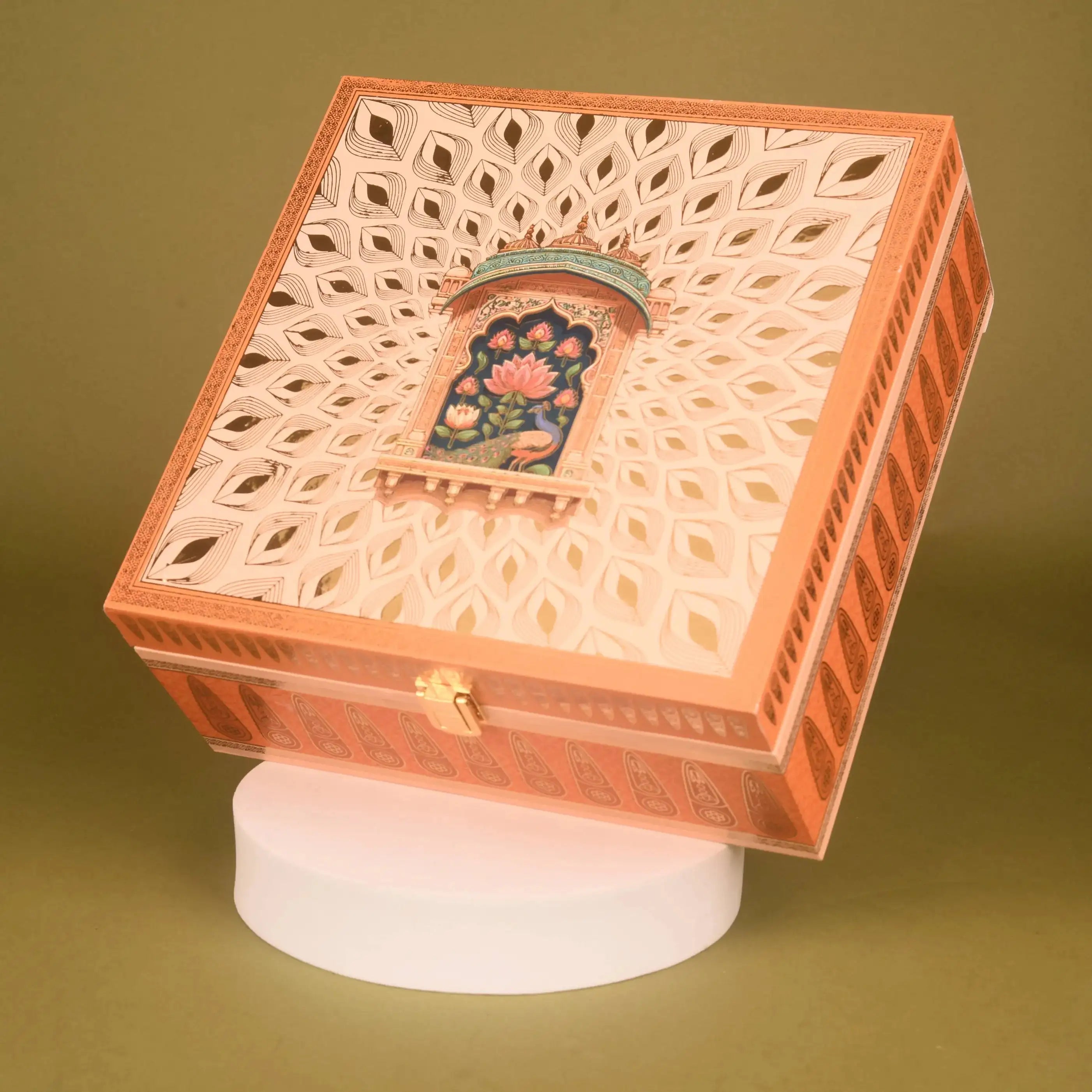 Elegant Celestial Radiance Hamper box with intricate lotus artwork and festive design, ideal for Diwali dry fruit and chocolate gift hampers.