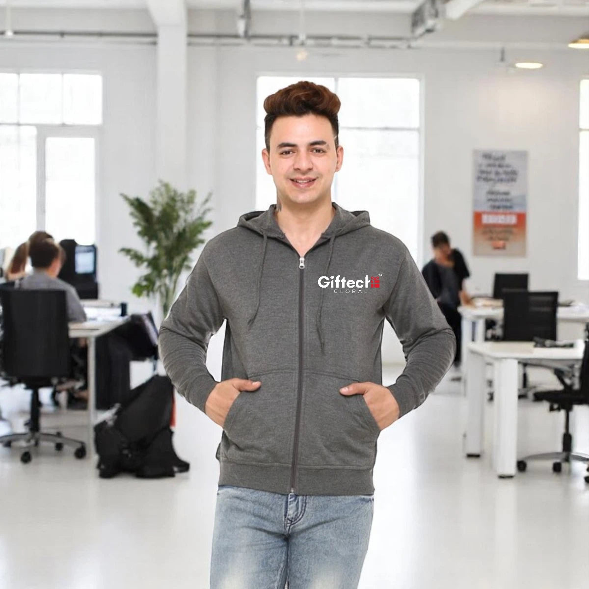 Blend Ease Zippered Hoodie with embroidered logo Charcoal Grey