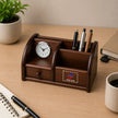 Wooden Pen Holder with Drawer & Clock