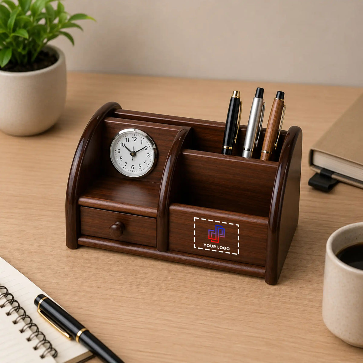 Wooden Pen Holder with Drawer & Clock