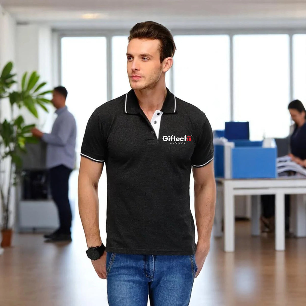 Men's Tipped Elegance Polo T-shirt with Embroidered Logo Charcoal Grey with White