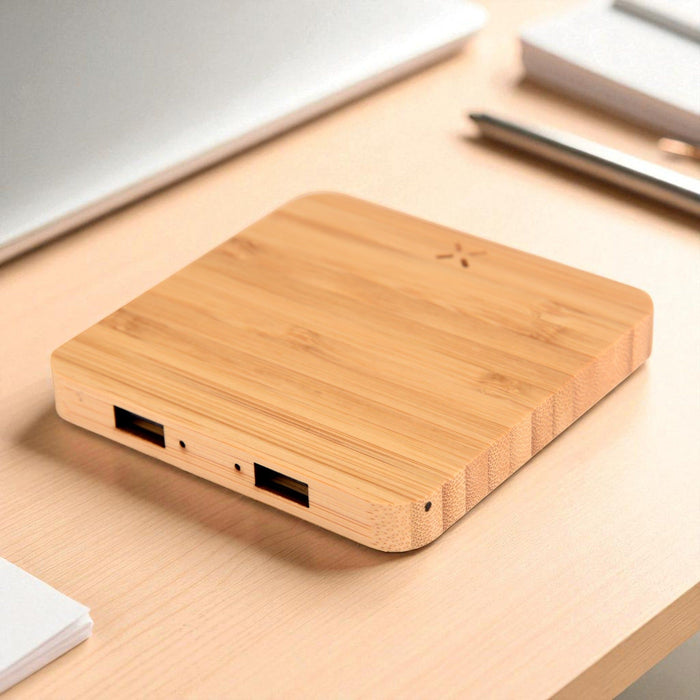 dual port side showcasing 15W bamboo wireless charger with USB hub versatile green tech essential and custom eco friendly gifts