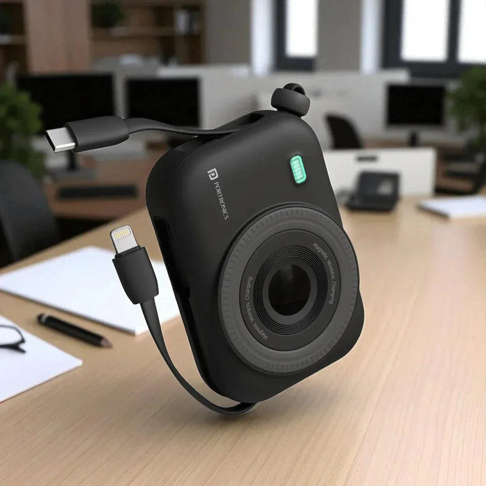 Black wireless powerbank with magnetic snap-on feature on office desk