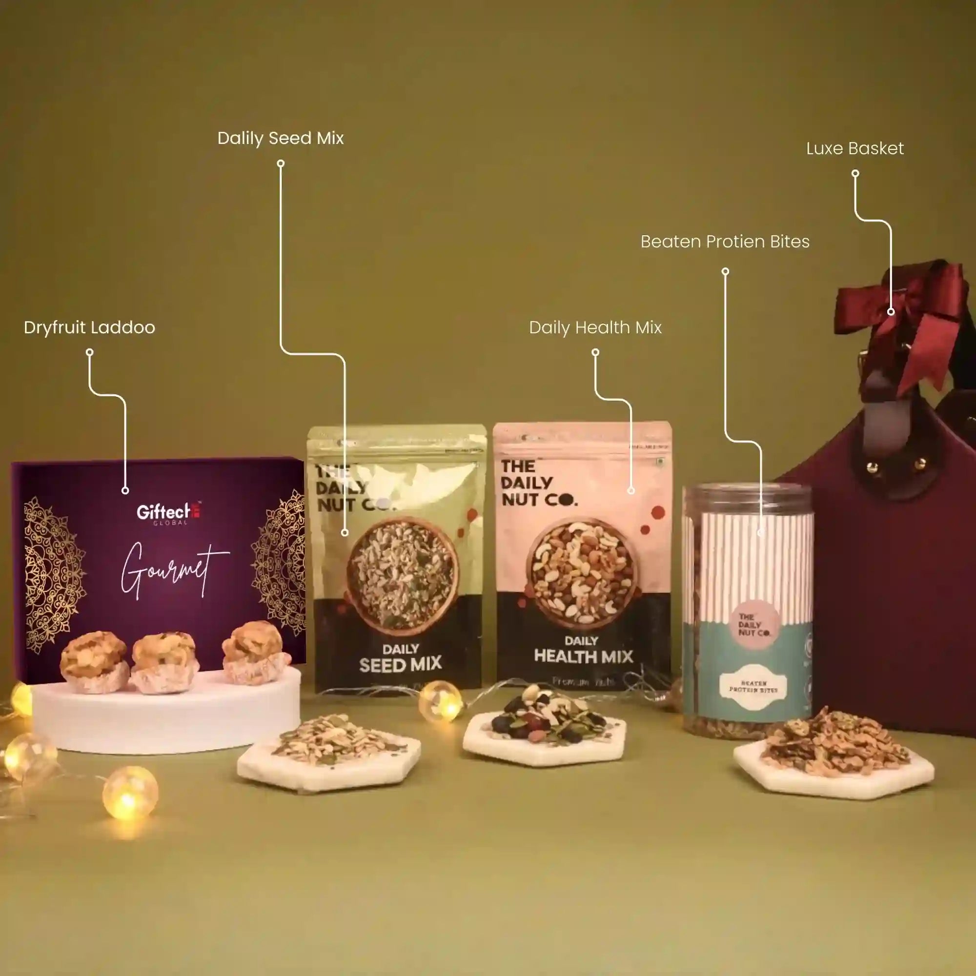 Assorted health and snack products on a green background with labels.