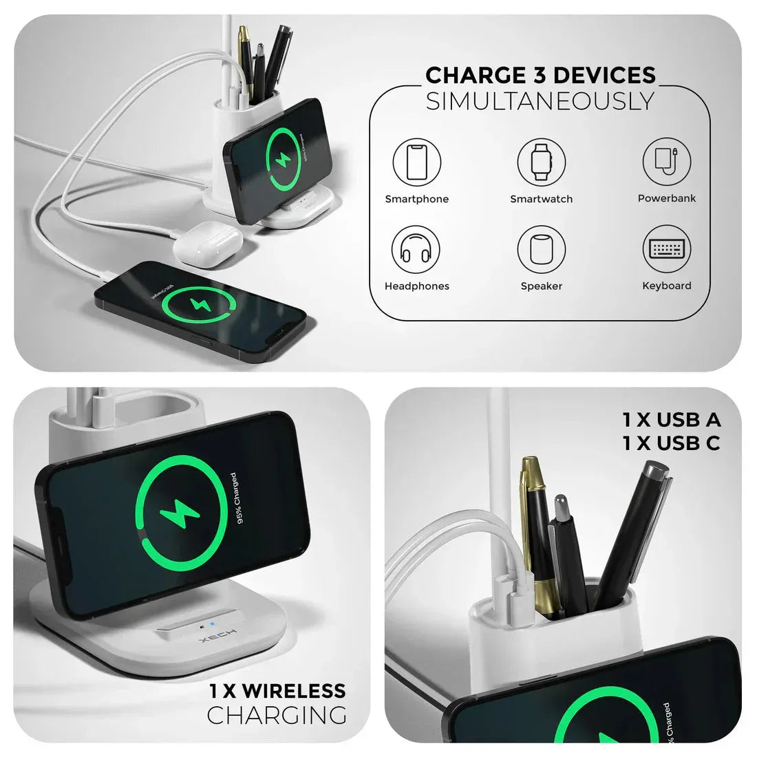Multi-device charging station with smartphone, smartwatch, powerbank, headphones, speaker, and keyboard charging capabilities.