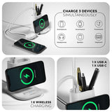 Multi-device charging station with smartphone, smartwatch, powerbank, headphones, speaker, and keyboard charging capabilities.