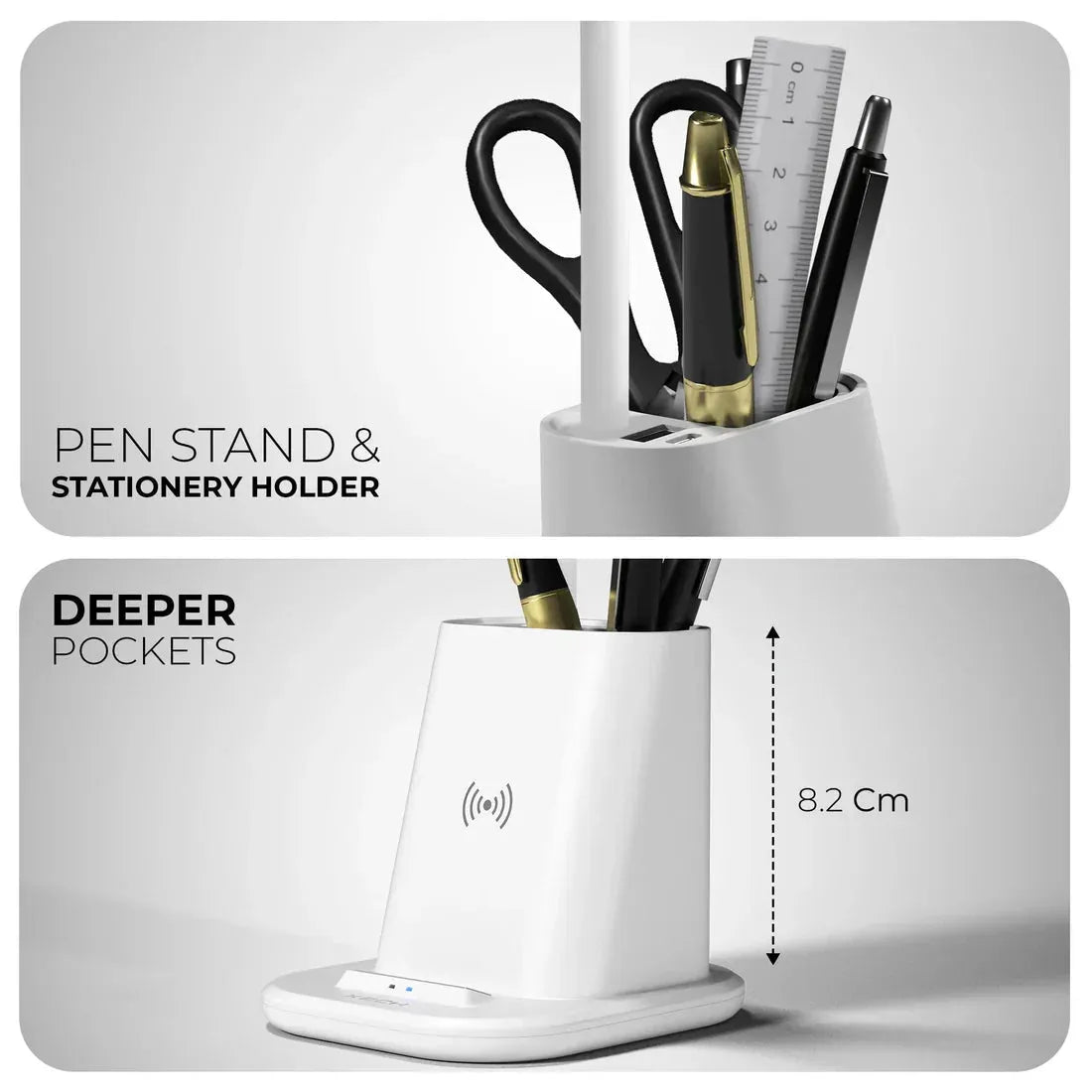 White pen stand with stationery items and depth measurement details