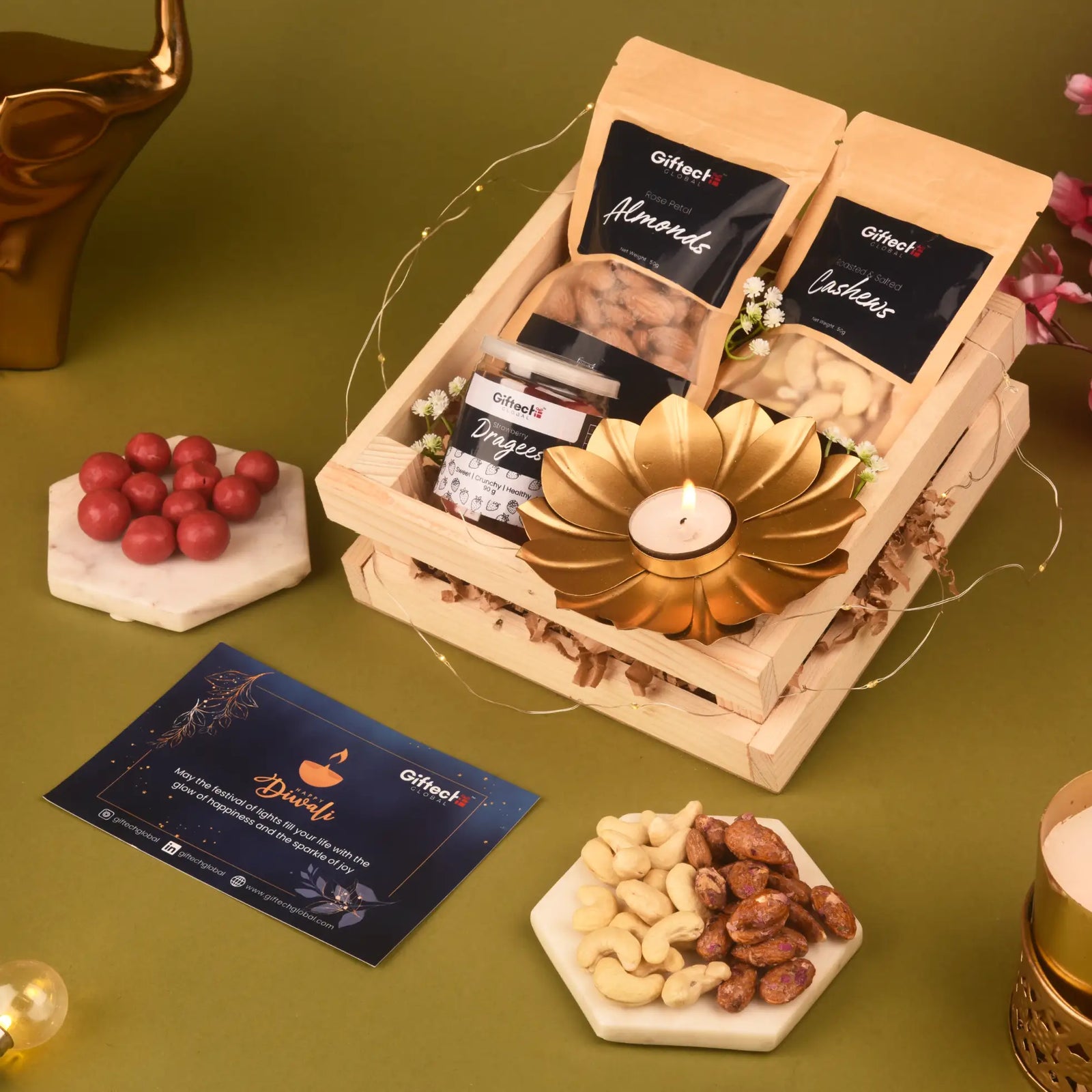 Treats & Treasures Hamper - Immunity Boost Diwali Gift with almonds, cashews, dragees, and diya in a wooden crate. Ideal for festive gifting.