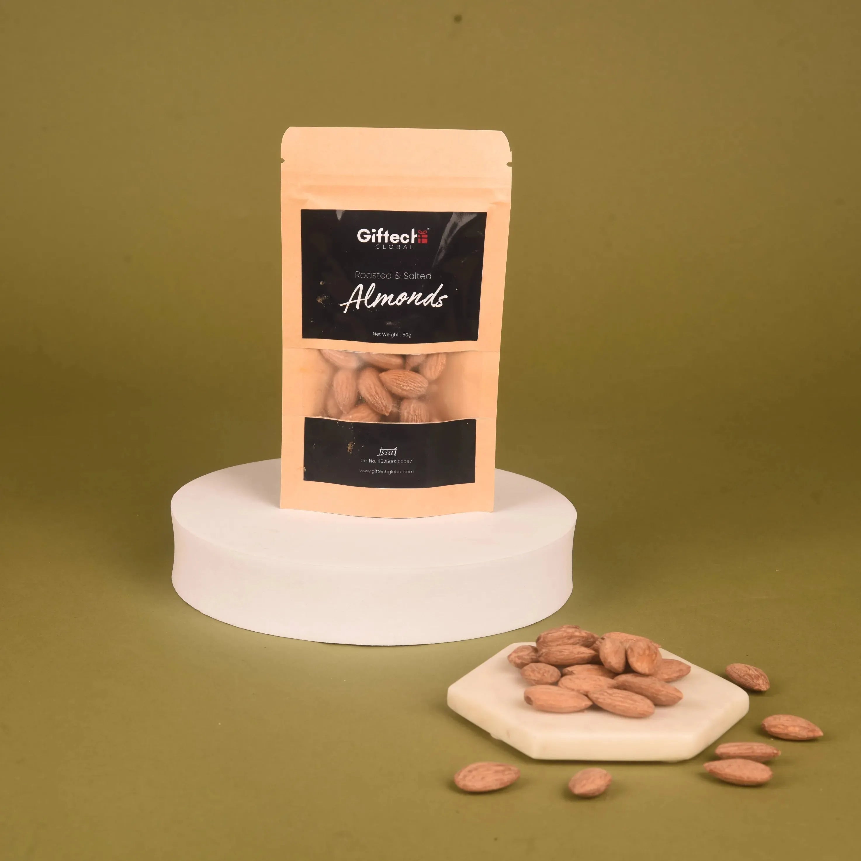 Roasted and salted almonds in a resealable pouch from the Diya & Delight Box, a healthy snack option for Diwali gift hampers.