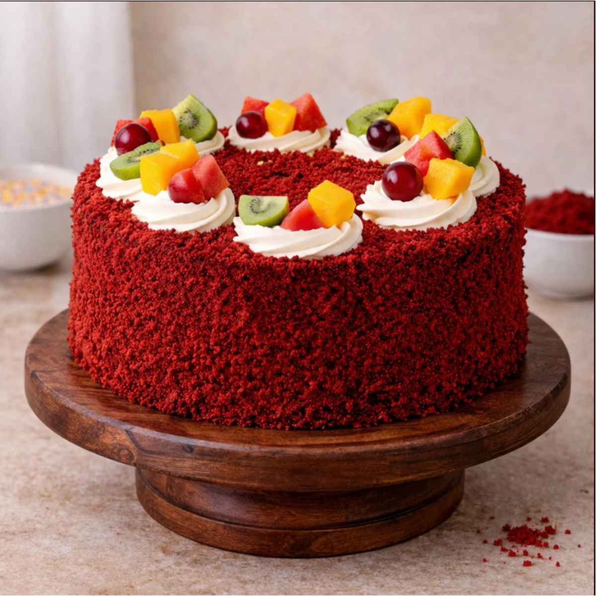 Red Velvet Fruit Delight Cake