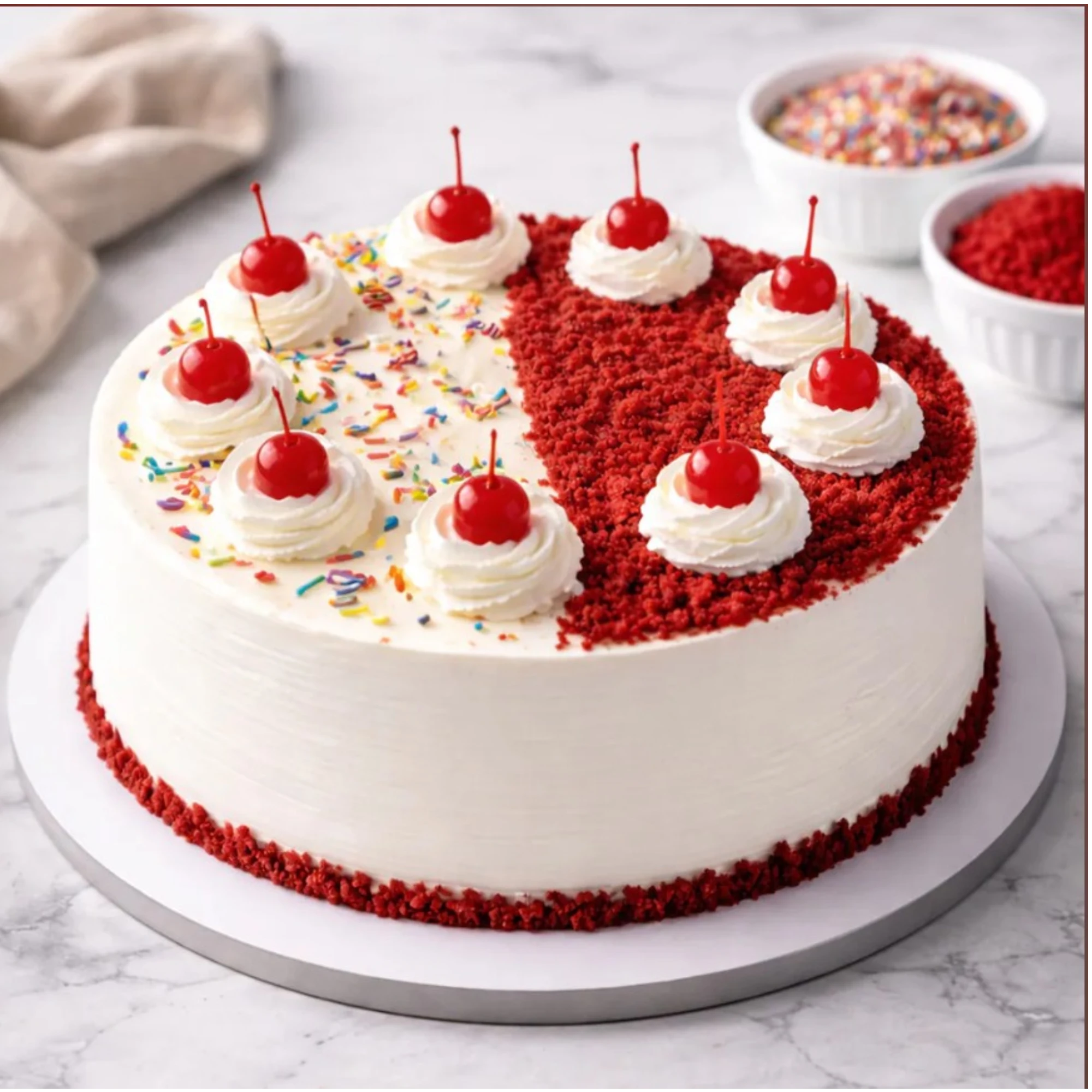 Red velvet cake with cherries and sprinkles