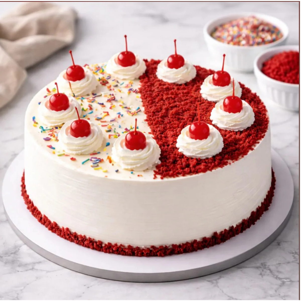 Red velvet cake with cherries and sprinkles