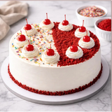 Red velvet cake with cherries and sprinkles