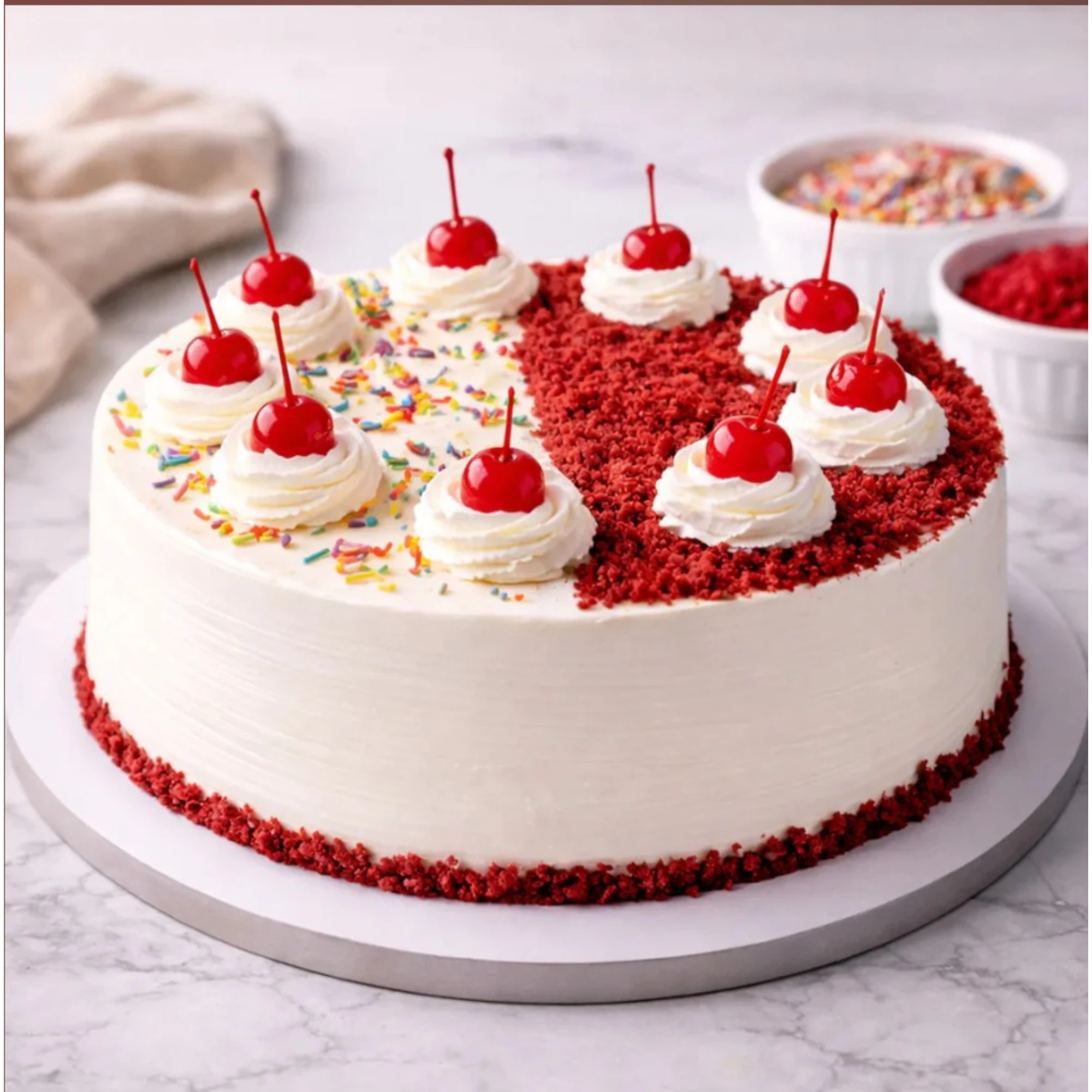 Close-up of red velvet cake with cherries and sprinkles