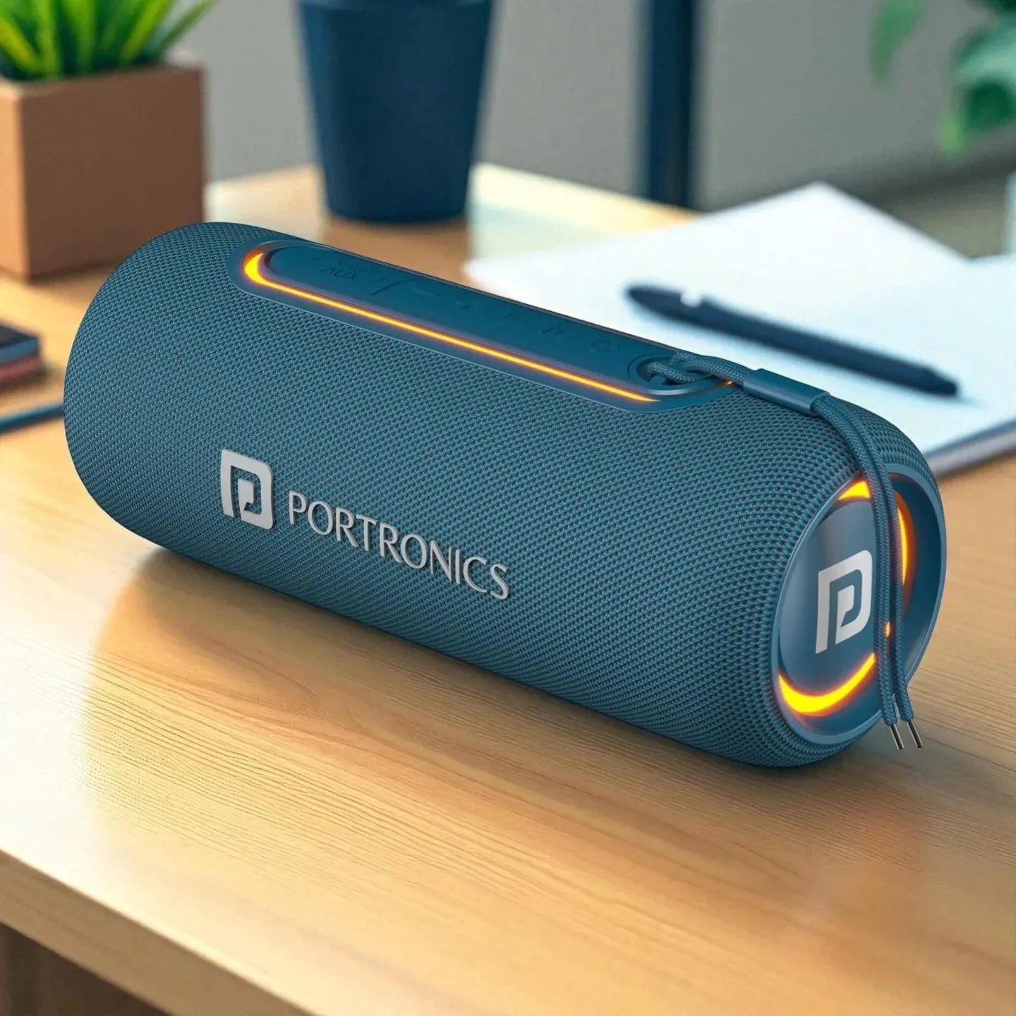Blue Portronics portable speaker on a wooden desk