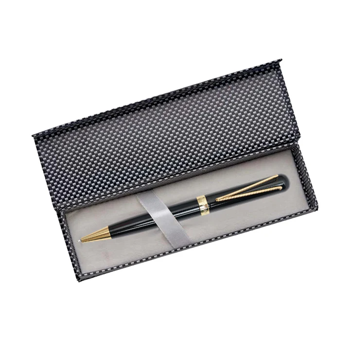 Black and gold pen in a textured black case on a white background