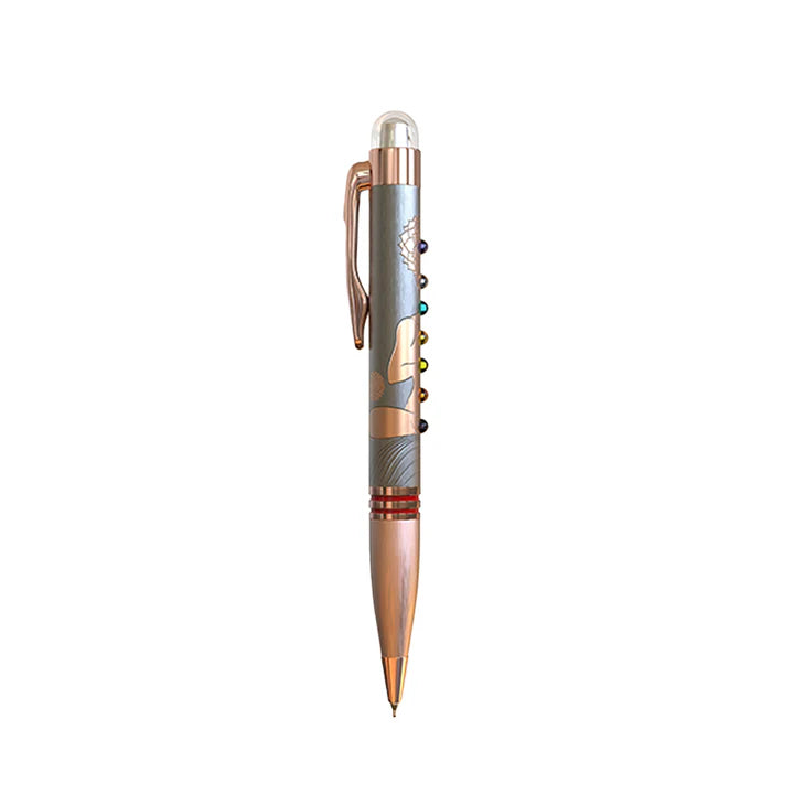 Decorative pen with rose gold and silver accents on a white background