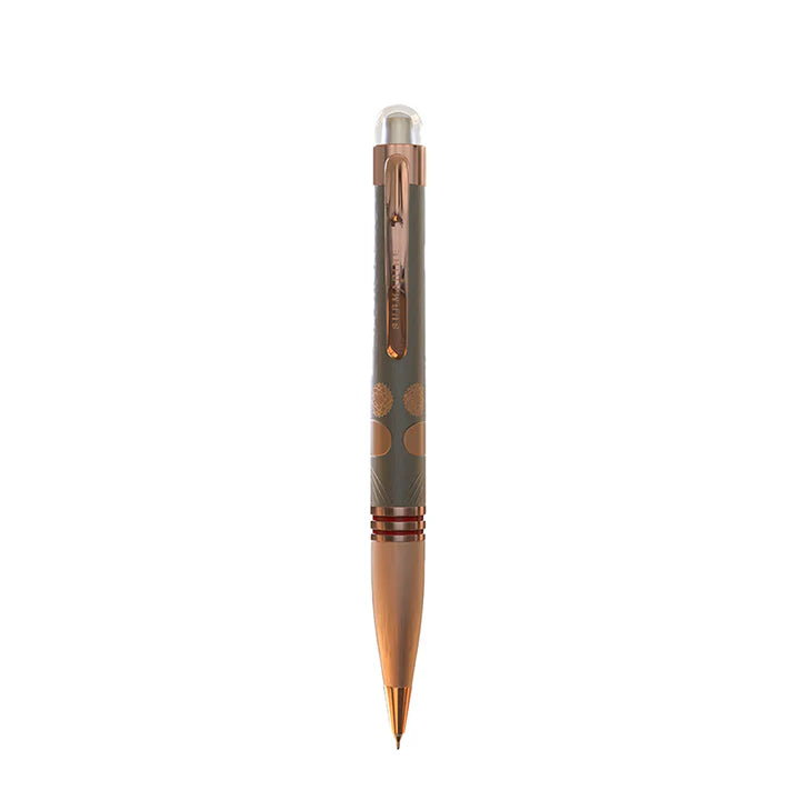 Pen with a metallic design on a white background